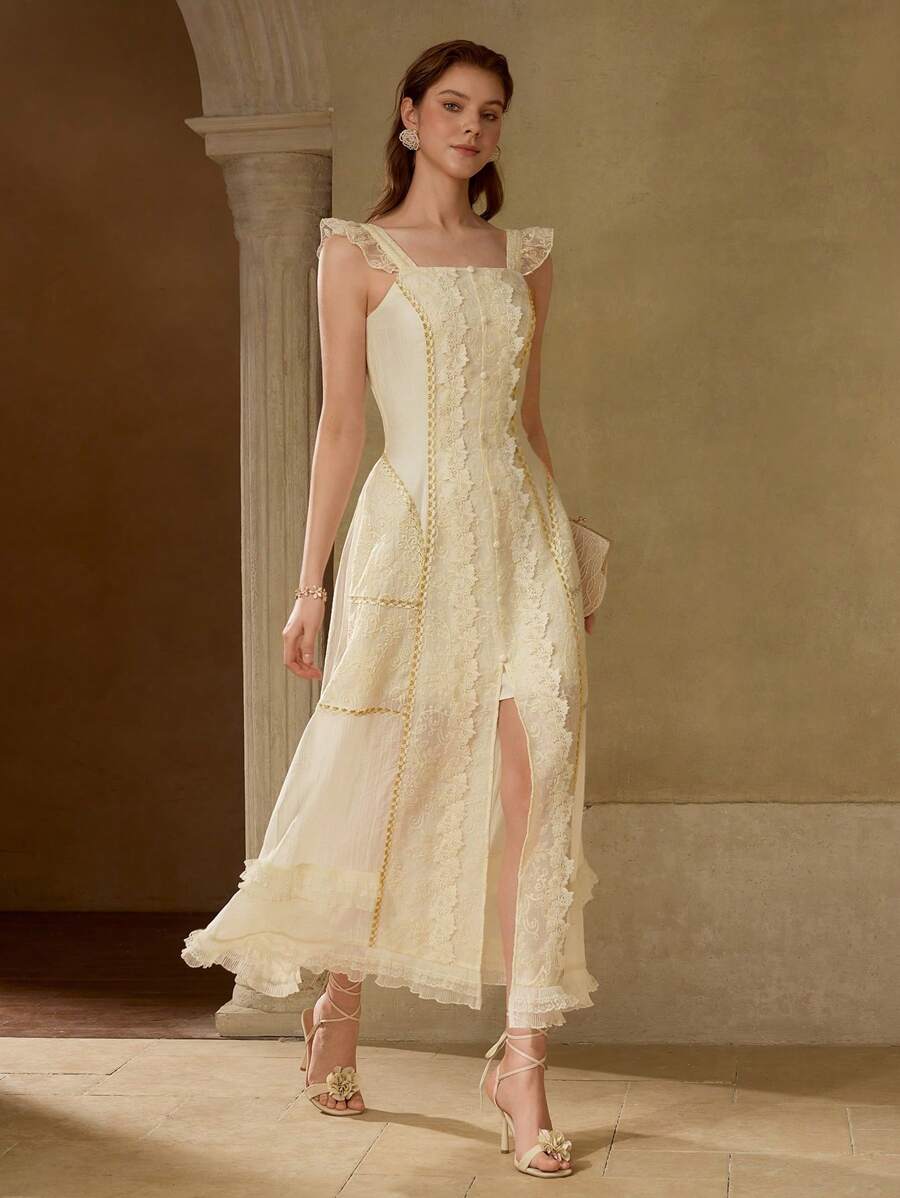 MOTF PREMIUM 大腿开衩荷叶边连衣裙 - 米色 - 查看 2