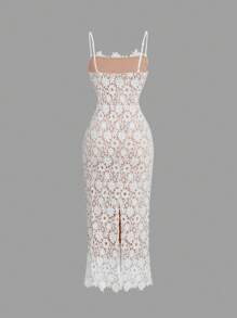 SHEIN MOD Women Lace Double Layer Cami Midi Sheath Dress, Elegant Dress,Western Women Outfits,Graduation White Dress,Easter Women Dress,Dress Beach,Casual Summer Dress,White Elegant Dress - White - View 2