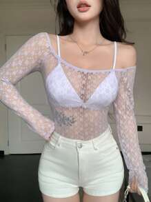 DAZY Sheer Lace Off Shoulder Long Sleeve Cover Up Top, Cropped, Light Purple, Summer