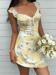 SHEIN EZwear 女士休闲花卉印花迷你连衣裙，夏季 - 黃色 - 查看 3