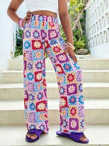 SHEIN Tween-Mädchen Lässige, gehäkelte, bunt bedruckte Hose mit geradem Bein, geeignet für Resort und Strand, Frühling/Sommer