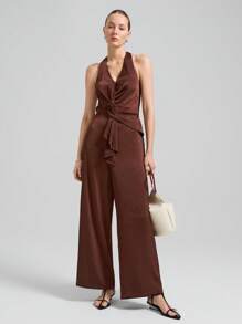 Ontre Vintage Style, Business Commute, Elegant Style, Faille Fabric, Brown Color, Halter Design, Twisted Front, Tie-Up Design, Women's Jumpsuit, Sleeveless, Spring/Summer Clothing, Everyday Wear, New Collection 2025 - Brown - View 6