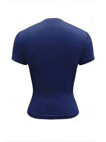 SHEIN EZwear 女式海军蓝字母纽扣短袖短款 T 恤，休闲简约 - 藏蓝色 - 查看 2