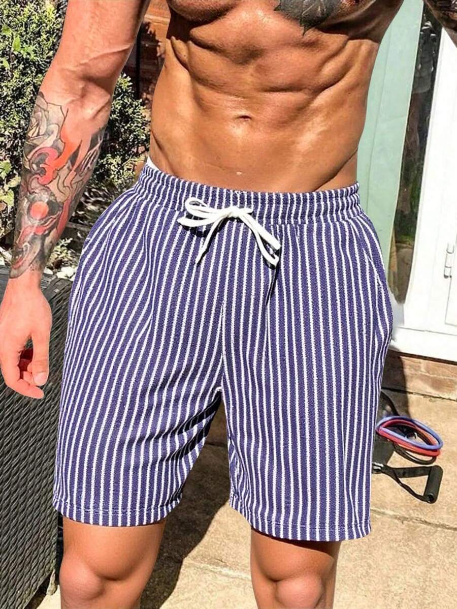 RueChic Men Stripe Printed With Drawstring And Pocket Regular Short - Navy Blue - View 1