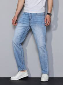 Manfinity Homme Men's Solid Color Denim Jeans, Fashionable For Summer - Light Wash - View 6