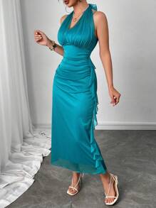 Modelyn Đầm suông màu trơn cổ yếm, eo nhún, viền bèo cho nữ - Màu xanh lam - Xem 6