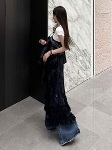 DAZY Canotta da donna in pizzo con patchwork e strati