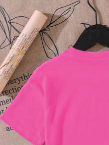 SHEIN GraphicGems 年轻女孩休闲时尚舒适简约蝴蝶骷髅和花卉字母印花短袖 T 恤 - 玫紅色 - 查看 4