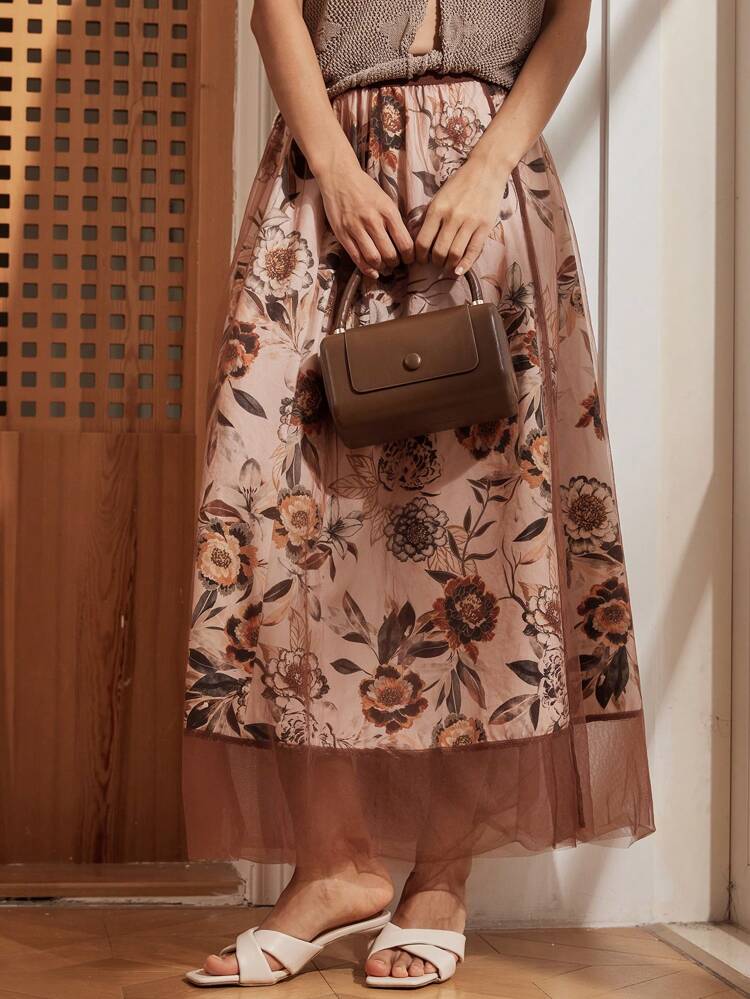 Ditsy Floral All Over Print Mesh Patchwork Vacation Beach Casual Skirt For Women Business Casual Women