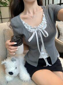 DAZY Women's Summer 2 In 1 Ruffled Bowknot Short Sleeve T-Shirt