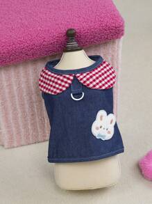 PETSIN Navy Blue Cute Rabbit Pattern Pet Dress With Plaid Collar, Simple & Casual Design, Lightweight & Breathable, Suitable For Cats & Dogs, Popular In Europe & America, Spring/Summer - Navy Blue - View 3