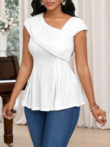 SHEIN Lady Camiseta feminina de cor sólida com babados e decote assimétrico - Branco - Ver 4