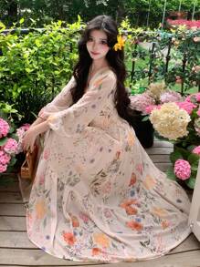 DAZY Vestido de manga farol con cuello en V y estampado floral diminuto, estilo resort, vestido de manga larga para otoño