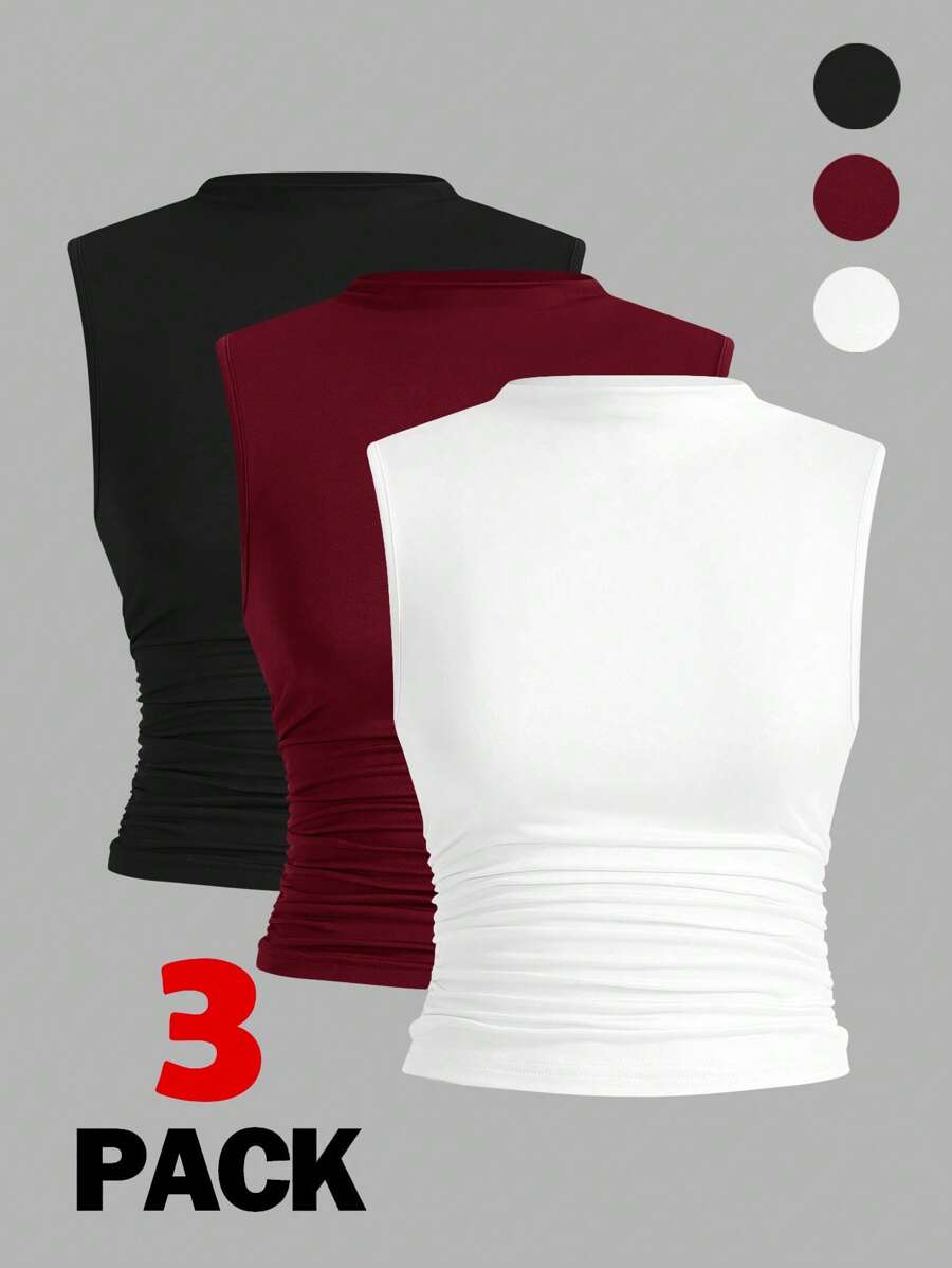Auralis 3pcs/Set Plus Size Women's Sleeveless Form-Fitting Basic Camisole Set Spring To Summer - Burgundy - View 1