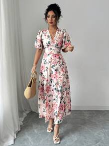 Rafferiza Vestido largo de flores con cuello en V, mangas con volantes y abertura, elegante, para primavera/verano - Multicolor - Ver 5