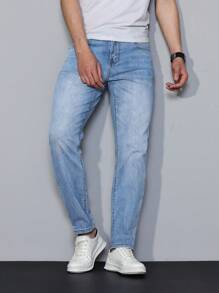 Manfinity Homme Men's Solid Color Denim Jeans, Fashionable For Summer - Light Wash - View 1