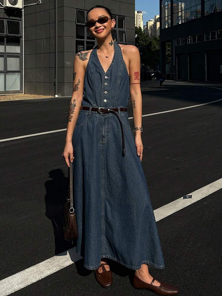 Women's Sexy Open-Back Halter Neck Denim Dress, Spring/Summer Maxi Dress