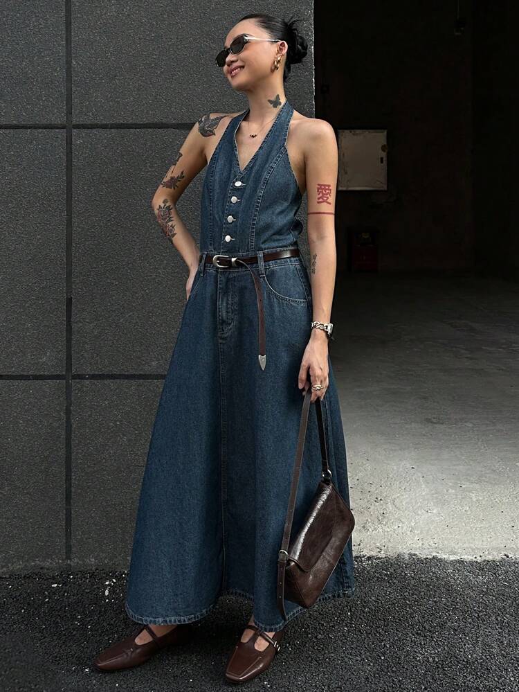 Women's Sexy Open-Back Halter Neck Denim Dress, Spring/Summer Maxi Dress