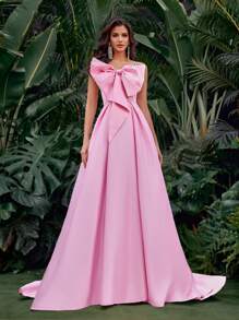 夏季优雅浪漫粉色缎面超大蝴蝶结设计蓬松拖尾连衣裙适合晚餐约会单身派对舞会节日返校季婚礼活动晚礼服（重型工作模型），正式礼服，适合婚礼宾客 - 粉色 - 查看 3
