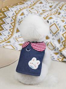 PETSIN Navy Blue Cute Rabbit Pattern Pet Dress With Plaid Collar, Simple & Casual Design, Lightweight & Breathable, Suitable For Cats & Dogs, Popular In Europe & America, Spring/Summer - Navy Blue - View 1