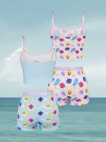 BABY SHARK X SHEIN 2pcs/Set Tween Girl Cartoon Shark Print Cami Top And Boyshorts Underwear Set,Soft & Comfortable - Baby Pink - View 2