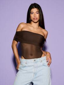 KIZN Body con panel fruncido de malla estilo Bardot - Marrón - Ver 5