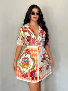 SHEIN SXY Plus Size Women's Spring&Summer Elegant Sexy Short Sleeve Retro Printed Shirt Dress, Suitable For Everyday Wear, Wedding, BOHO, Bohemian, Outing, Beach Vacation, Holiday, Seaside, Western Wear, Music Festival, Concert, Carnival Party, Richly Layered, Date Night, Ibiza, Nashville, Break, Modest, Chic, Club, Cute, Casual, Shopping, Streetwear, Going Out, Easy To Match&Looks Slim, Accent Your Body, Flatter The Figure, Patchwork Floral Print Colorful Dress