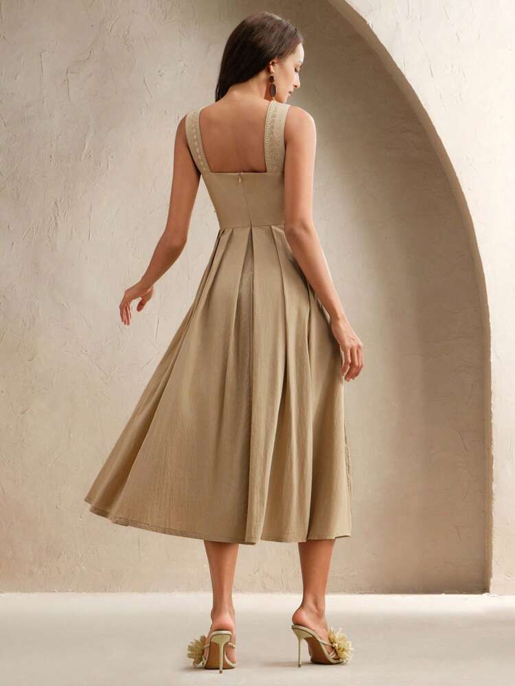 New Spring/Summer Vacation Casual Bohemian Style Embroidered Rivet Decor Lace Hollow-Out Hem Sleeveless Dress