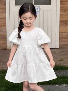 SHEIN Young Girls Apricot Puff Sleeve Round Neck Dress - White - View 6