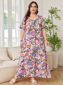 Lacomfia Đầm Maxi Ả Rập Dài Tay Ngắn Rộng Rãi Thường Ngày Cho Nữ Cỡ Lớn - Nhiều màu - Xem 4