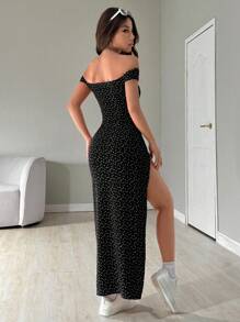 SHEIN EZwear 女款露肩滿版碎花長開衩長洋裝，波點洋裝，夏季休閒 - 黑色 - 查看 2