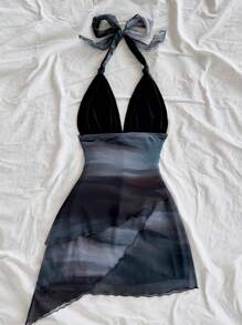 SHEIN Tall CURVE Sexy, vintage Farbverlauf-Halfter-V-Ausschnitt-Schnürkleid mit Mesh-Raffung und asymmetrischem Saum, romantisches Urlaubskleid für Damen im Sommer