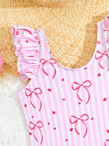 Baby Girl Striped Bow Print Ruffled Romper Swimsuit - Multicolor - View 4