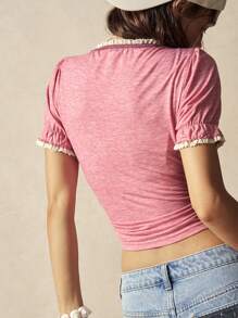 Bohemela BOHO Vintage Floral Print Patchwork U-Neck Short Sleeve Fitted Women T-Shirt, American Countryside Style - Coral Pink - View 7