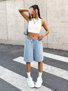 SHEIN Teen Girls Spring Summer Break Casual Elastic Waist Baggy Soft Denim Long Jeans Shorts,Girls Summer Beach BohO Vacation Concert Rave Outfits - Light Wash - View 5