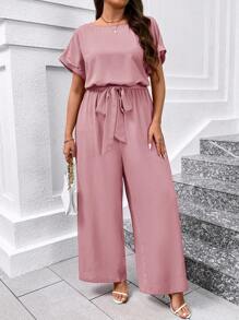 SHEIN Clasi 加大码优雅圆领阔腿连体裤，配腰带 - 粉色 - 查看 7