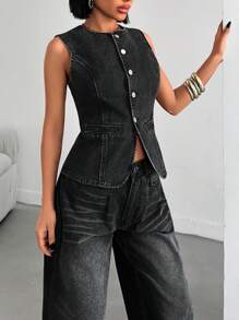 EURMUSE Women's Denim Long Vest Tops Button-Up Back Slit Sleeveless Pocket Round Neck Waistcoat Woman S Summer Clothes - Black - View 4