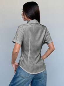 SHEIN Unity 修身简约粉色条纹办公室女士短袖衬衫