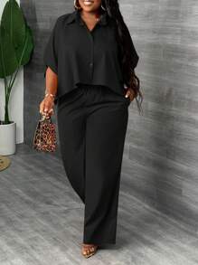Slaydiva Conjunto de 2 piezas de camisa y pantalón de unicolor talla grande para mujer, elegante, uso diario y para ir a la oficina, estilo casual informal