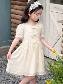 SHEIN Little Byeori 女童可爱蝴蝶结泡泡袖连衣裙 - 卡其色 - 查看 5