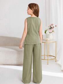 SHEIN Serisse Kids طقم ملابس علوية كاجوال أكمام بدون أكوام، وبنطال واسع الساق من لون الأنسجة موحد اللون للفتيات المراهقات - اخضر زيتون - مشاهدة 2