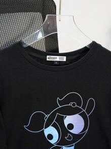 THE POWERPUFF GIRLS X SHEIN Áo thun tay ngắn cổ tròn họa tiết hoa, bong bóng, hoa mao lương cỡ lớn mùa hè - màu đen - Xem 2