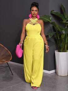 Slaydiva Plus Size Women's Elegant Criss-Cross Front Jacquard Jumpsuit, Suitable For Casual Commute And Vacation