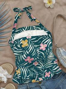 INAWLY Women's Tropical Plant Print Ruffle Halter Neck Top, Vacation Style - Multicolor - View 2