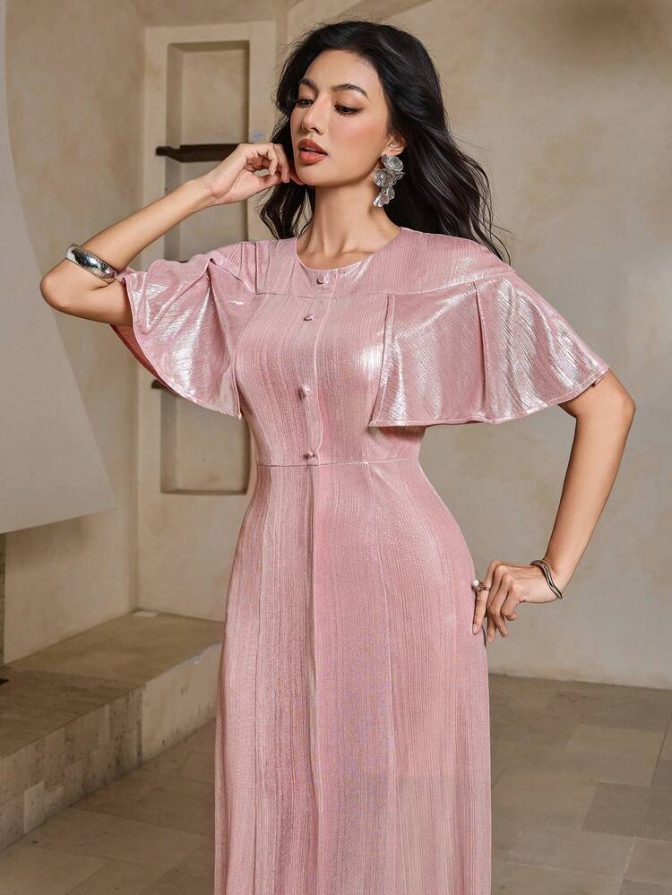 Women's Crew Neck Ruffle Sleeve Splice Waist A-Line Elegant Long Dress, Suitable For Summer Vacation, Music Festival, Graduation Ceremony Prom Dress Maxi Dress