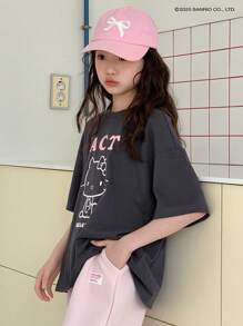 HELLO KITTY | DAZY 青少年女孩图案印花针织圆领短袖 T 恤，春夏季，返校服装 - 深灰色 - 查看 5