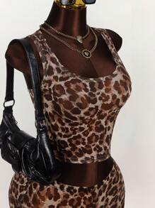 Amplova Women's Fashion Cut-Off Leopard Print Mesh Bodycon Tank Top
