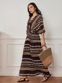 Dazy-Less Abito midi estivo da donna in stile boho, con scollo a V e vita, con stampe geometriche, a righe e a fantasia all-over