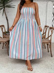 SHEIN VCAY 大码女式夏季彩色条纹抹胸 A 字长裙，自信装扮，休闲西部波西米亚长裙泳池派对装椰子女孩夏季波西米亚风别致波西米亚风格女装女士早午餐装女士机场装海滩度假装城市休闲装假日装女士西式服装女士西式服装女士加大欧洲夏季海岛度假装蜜月装女士老钱女士夏装女士夏装女士连衣裙优雅礼服女士连衣裙生日女士加大太阳裙 - 彩色 - 查看 6