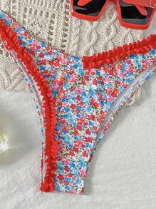 Swim Mod Women's Printed Frill Trim Bikini Swimsuit For Summer Beach Vacation - Red - View 5